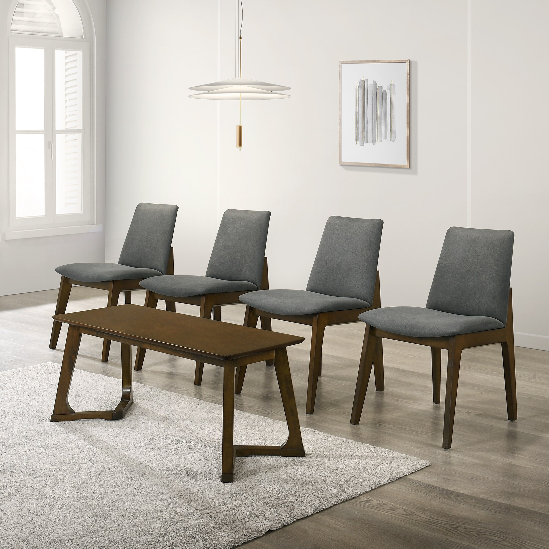 CraftPorch Mid-century Modern Upholstered Dining Chair and Wooden Bench (Set of 5) Brown walnut ...