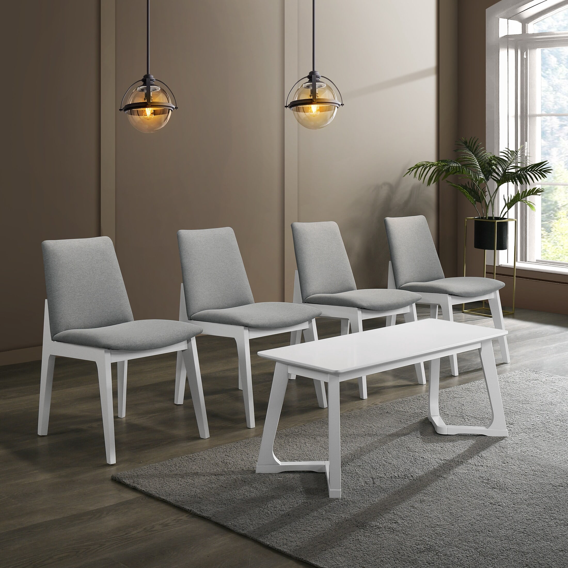 CraftPorch Mid-century Modern Upholstered Dining Chair and Wooden Bench (Set of 5) White ...