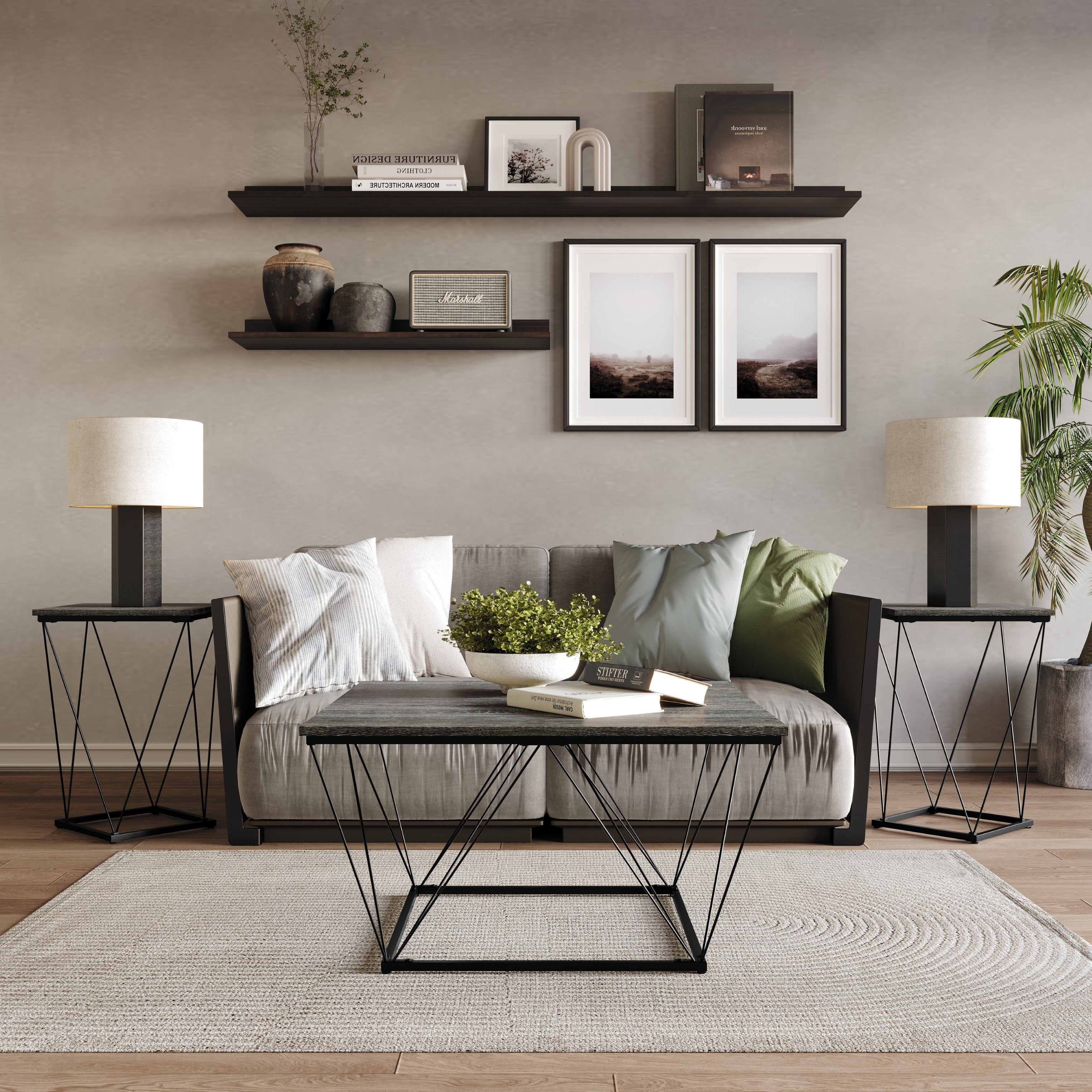 Castle Place Minimalist 3 Piece Coffee Table Set, Dark Grey