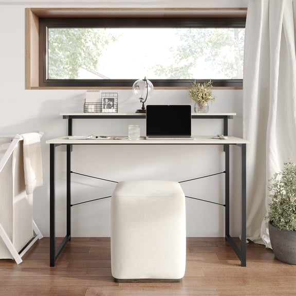 Castle Place Minimalist 47" Metal Computer Desk With Shelf, Light Grey