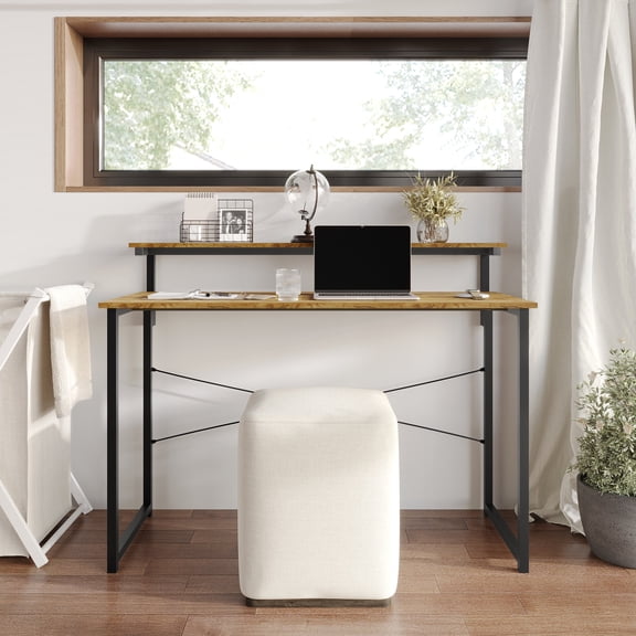Castle Place Minimalist 47" Metal Computer Desk With Shelf, Light Oak