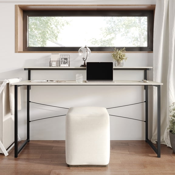 Castle Place Minimalist 55" Metal Computer Desk With Shelf, Light Grey