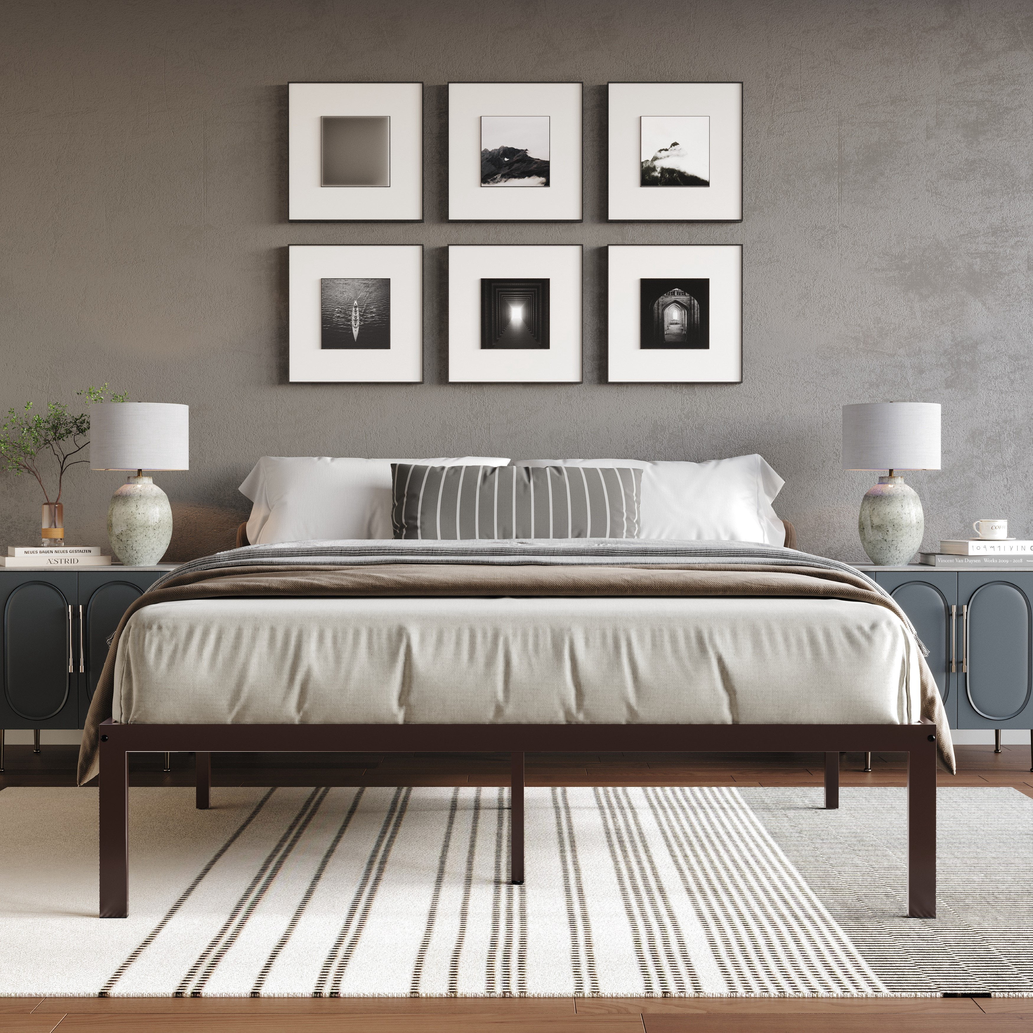 Castle Place Minimalist Metal Platform Bed King, Brown