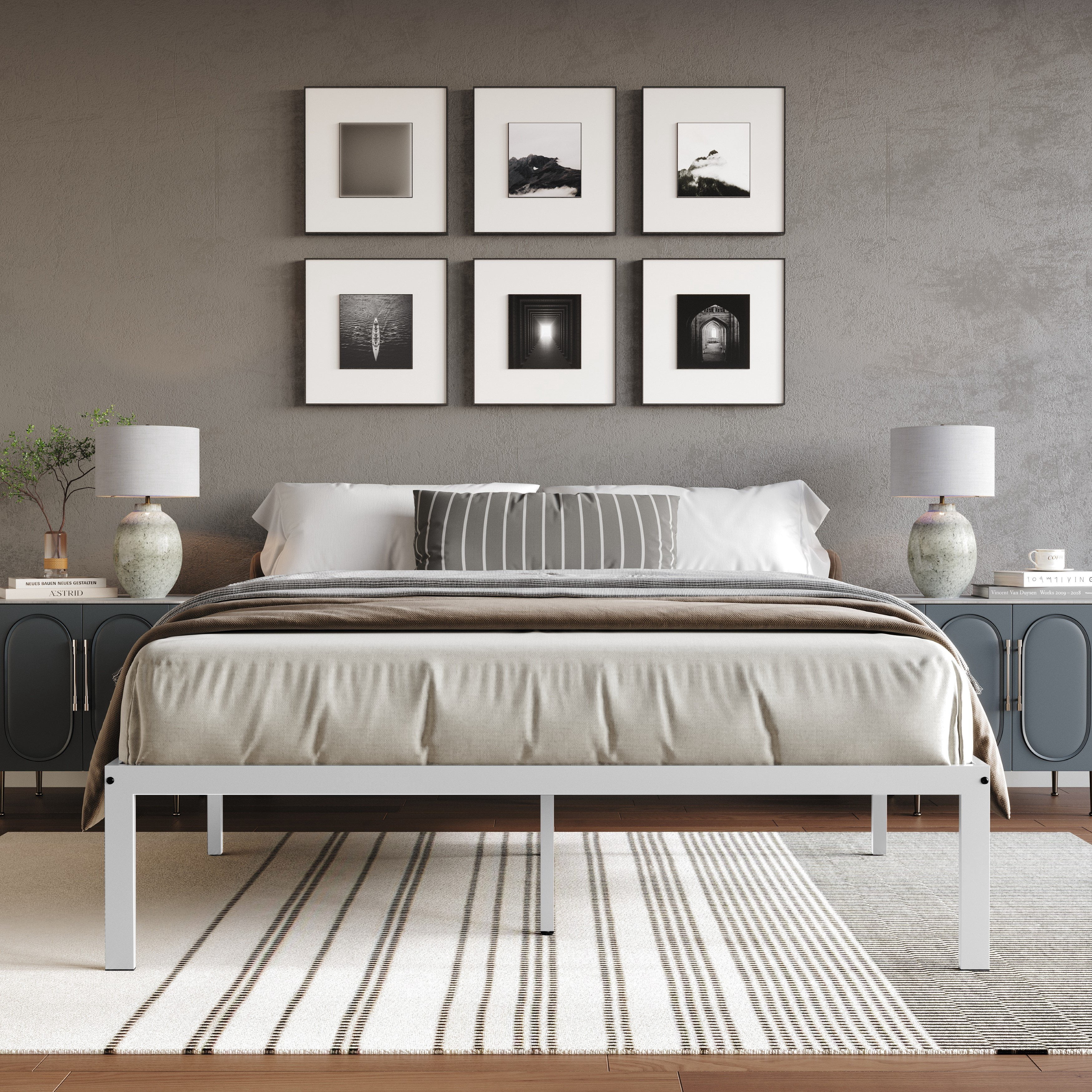 Castle Place Minimalist Metal Platform Bed Queen, White