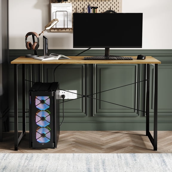 Castle Place Modern 47" Metal Computer Desk, Light Oak