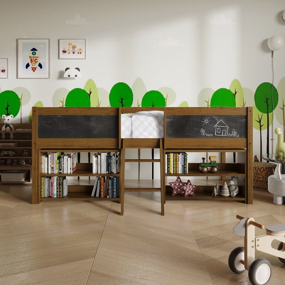 Castle Place Modern Twin Loft Bed with Storage Rack, Walnut