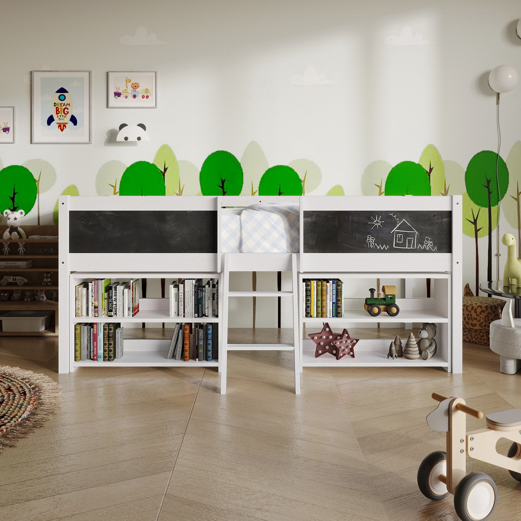 Castle Place Modern Twin Loft Bed with Storage Rack, White