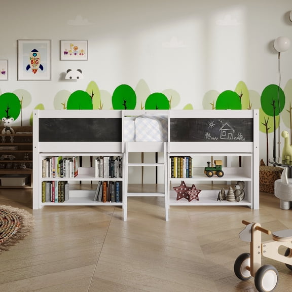 Castle Place Modern Twin Loft Bed with Storage Rack, White