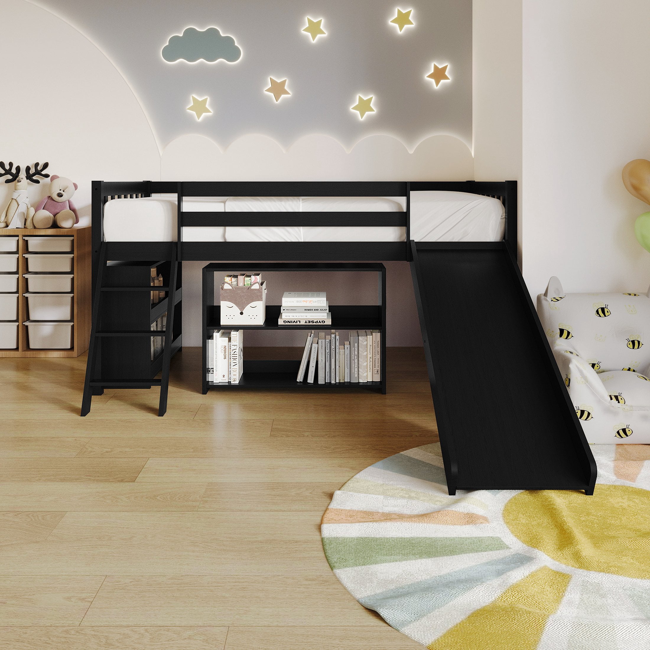 Castle Place Simple Twin Loft Bed with Ladder, Black