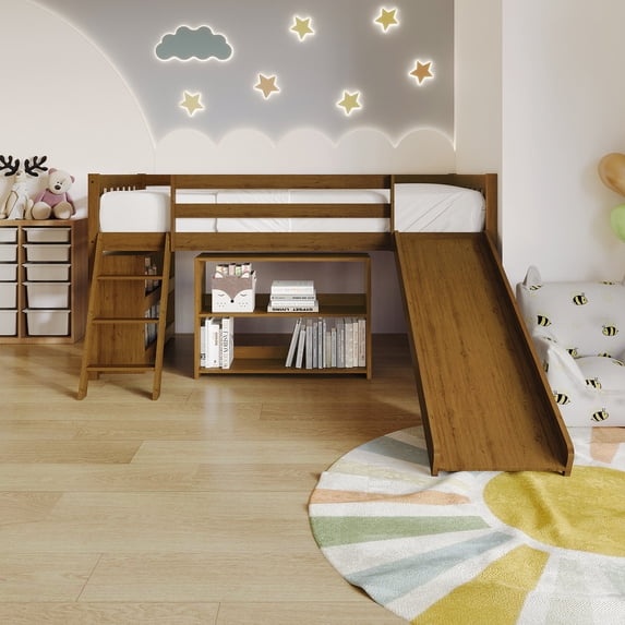 Castle Place Simple Twin Loft Bed with Ladder, Walnut