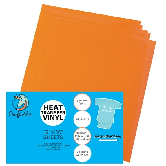 Craftables Bright Orange Heat Transfer Vinyl HTV - 5 Sheets Easy to Tshirt Iron on Vinyl for Silhouette Cameo, Cricut, all Craft Cutters. Ships Flat