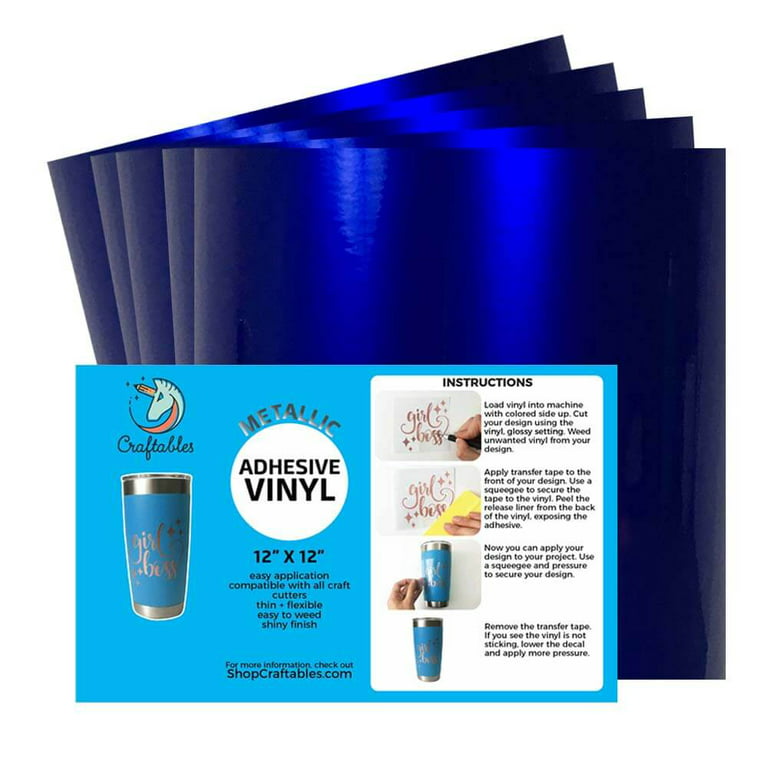 Craftables Dark Blue Metallic Craft Vinyl for Cricut and Silhouette, Cameo - Chrome Polish Finish Vinyl - (5) 12 x 12 Sheets