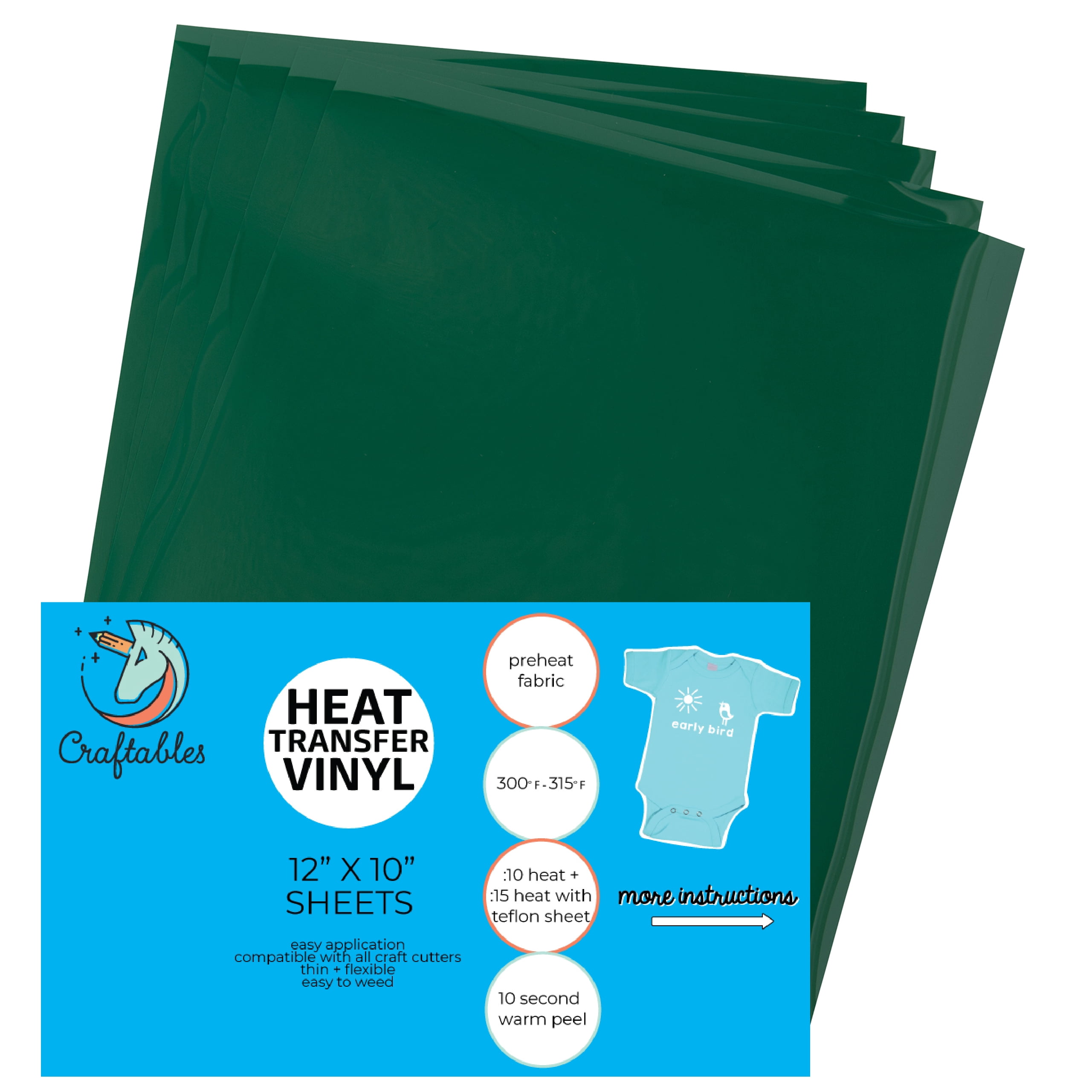 Craftables Green Heat Transfer Vinyl HTV - 5 Sheets Easy to Tshirt Iron on Vinyl for Silhouette Cameo, Cricut, all Craft Cutters. Ships Flat