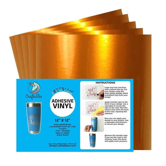 Craftables Orange Metallic Craft Vinyl for Cricut and Silhouette, Cameo - Chrome Polish Finish Vinyl - (5) 12" x 12" sheets