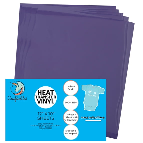 Craftables Purple Heat Transfer Vinyl HTV - 5 Sheets Easy to Tshirt Iron on Vinyl for Silhouette Cameo, Cricut, all Craft Cutters. Ships Flat