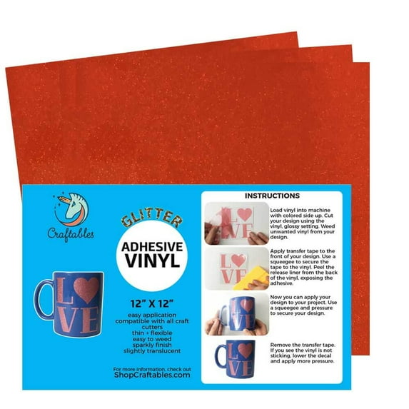 Craftables Red Orange Glitter Adhesive Vinyl for Cricut, Silhouette Cameo, and Craft Cutters - (3) 12in x 12in sheets