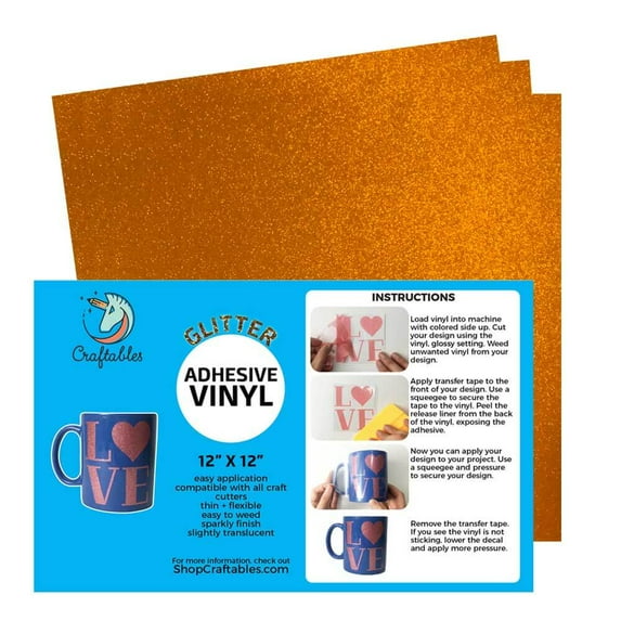 Craftables Tangerine Glitter Adhesive Vinyl for Cricut, Silhouette Cameo, and Craft Cutters - (3) 12in x 12in sheets