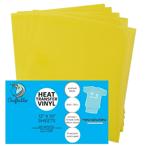 Craftables Yellow Heat Transfer Vinyl HTV - 5 Sheets Easy to Weed Tshirt Iron on Vinyl for Silhouette Cameo, Cricut, all Craft Cutters. Ships Flat