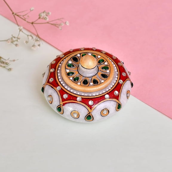 Craftam Marble Sindoor Dani Box, Handcrafted Kumkum Holder For Puja, Wedding
