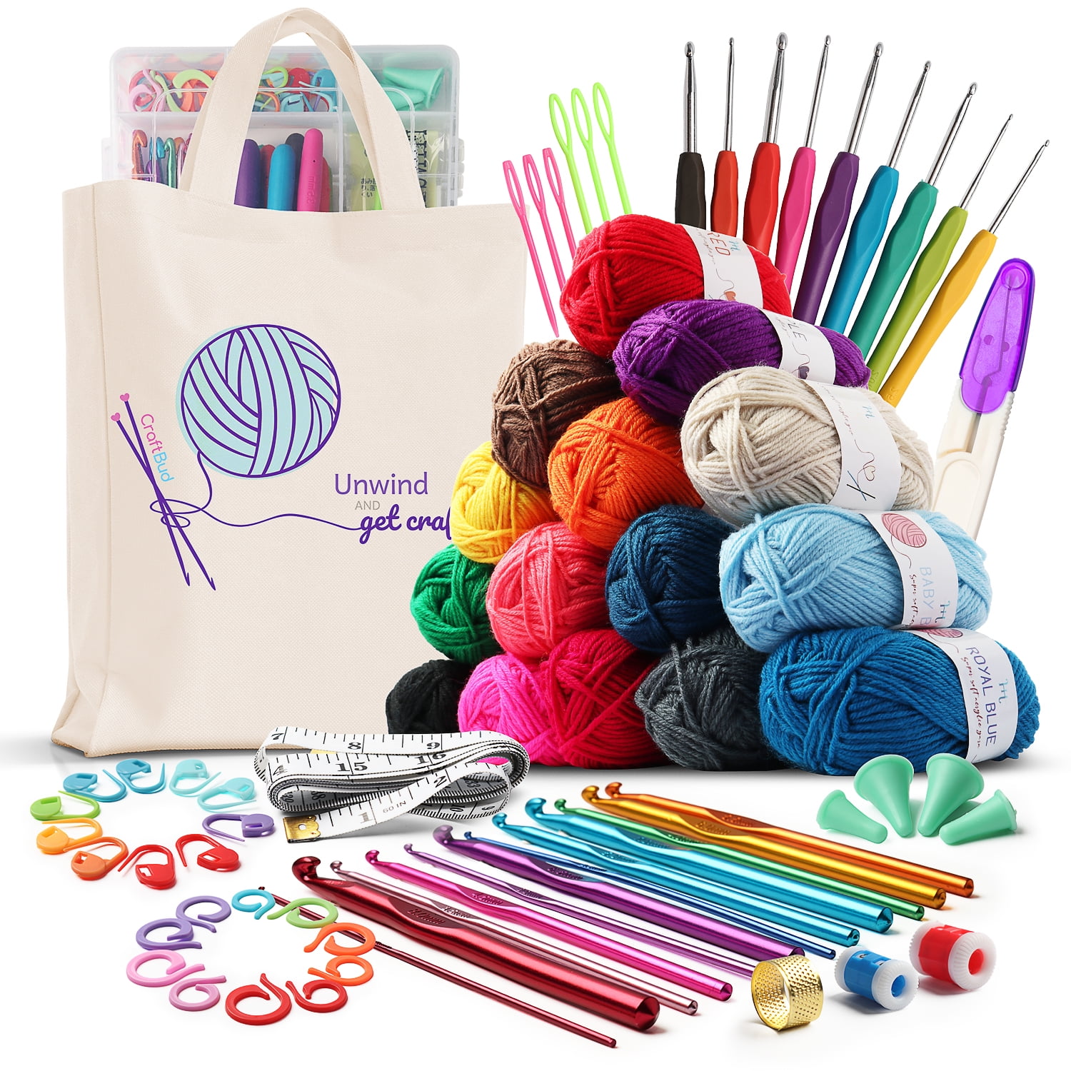 Craftbud 73 Piece Beginners Crochet Kit with Crochet Hooks Yarn Set, Premium Bundle Includes Yarn Balls, Needles, Accessories Kit, Canvas Tote Bag for Travel  (图1)