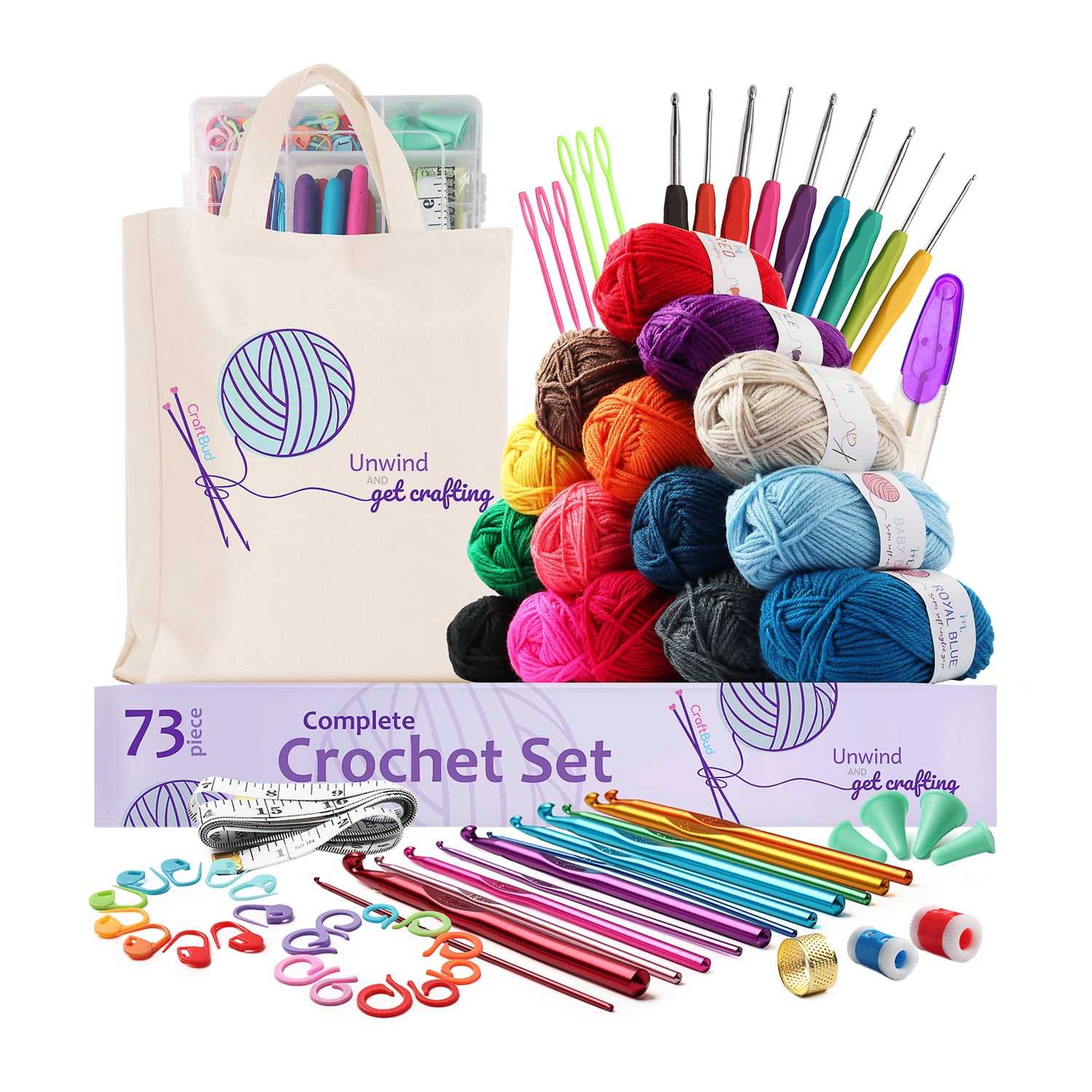 a crochet set including yarn, hooks, a tote bag, and other accessories