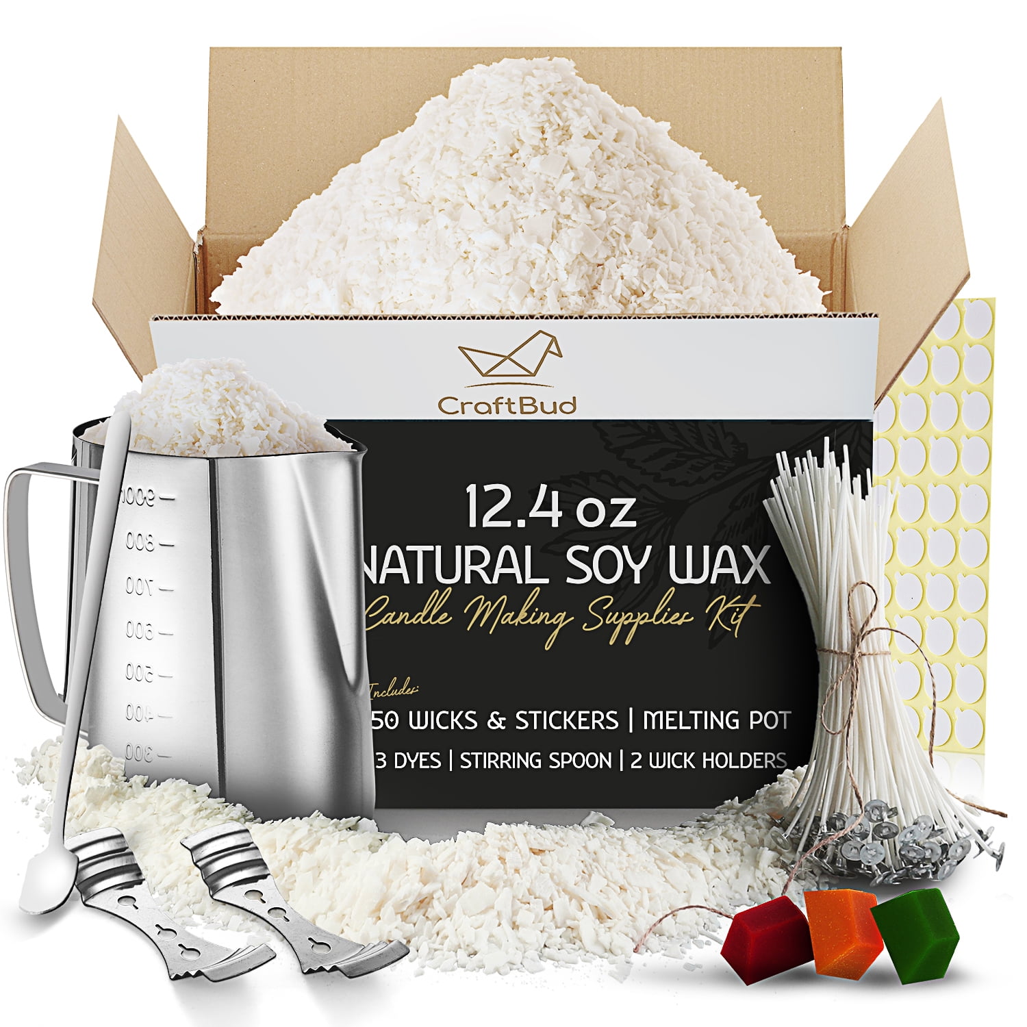 Craftbud Candle Making Kit - Candle Wax for Candle Making, 12.4oz Natural  Soy Wax, 900ml Stainless Steel Pot, Cotton Wicks, Wick Stickers, Dye  Blocks