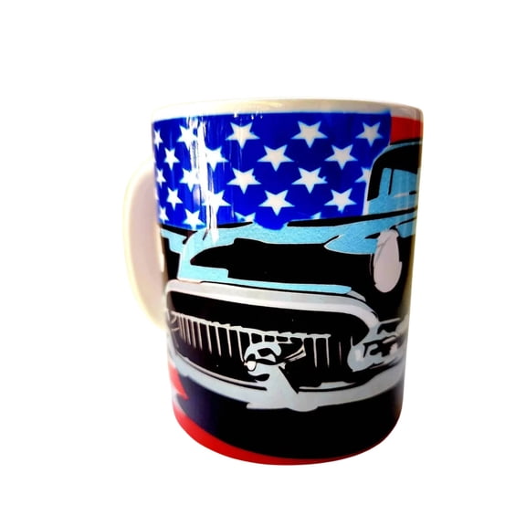 Coffee Quips 50s Classic Car and American Flag 12 oz Ceramic Coffee Mug