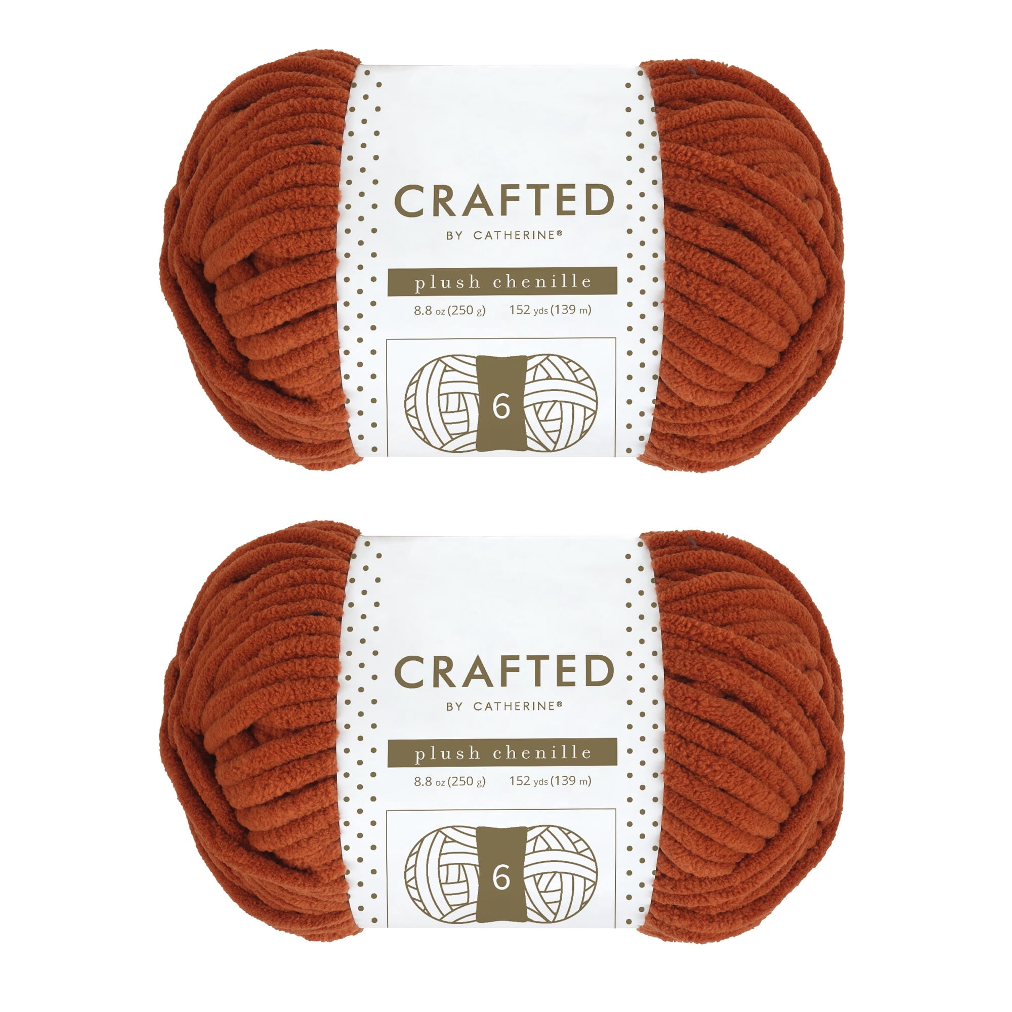 Crafted by Catherine Plush Chenille Yarn for Knitting, Crocheting and Amigurumi - 2 Pack (8.8 oz / 250g, 152 yards each skein), Cinnamon, Gauge 6 Super Bulky