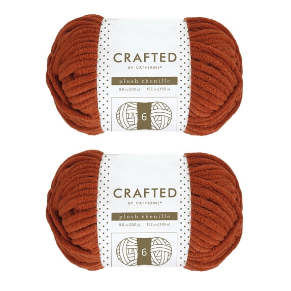 Crafted by Catherine Plush Chenille Yarn for Knitting, Crocheting and Amigurumi - 2 Pack (8.8 oz / 250g, 152 yards each skein), Cinnamon, Gauge 6 Super Bulky