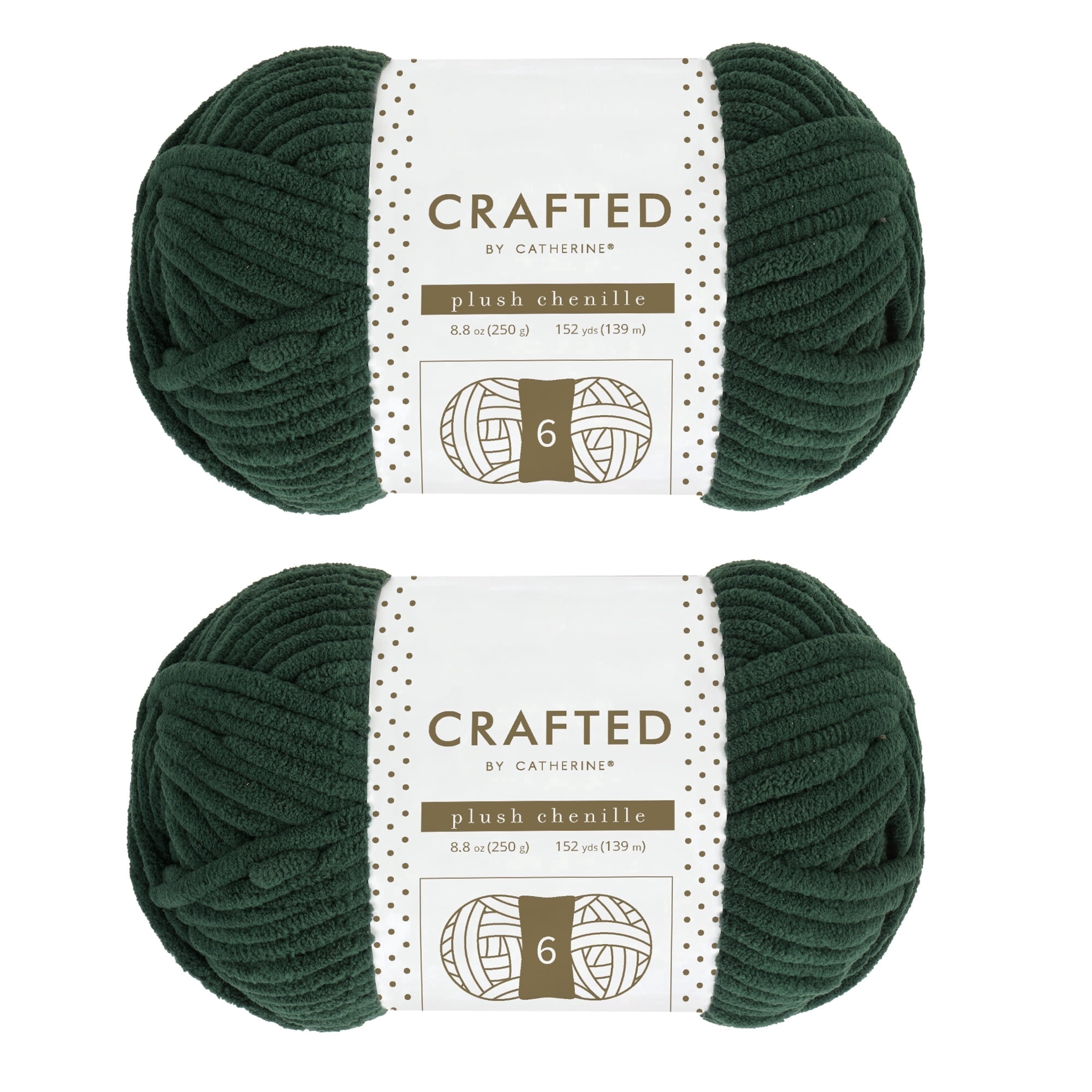 Crafted by Catherine Plush Chenille Yarn for Knitting, Crocheting and Amigurumi - 2 Pack (8.8 oz / 250g, 152 yards each skein), Forest Green, Gauge 6 Super Bulky