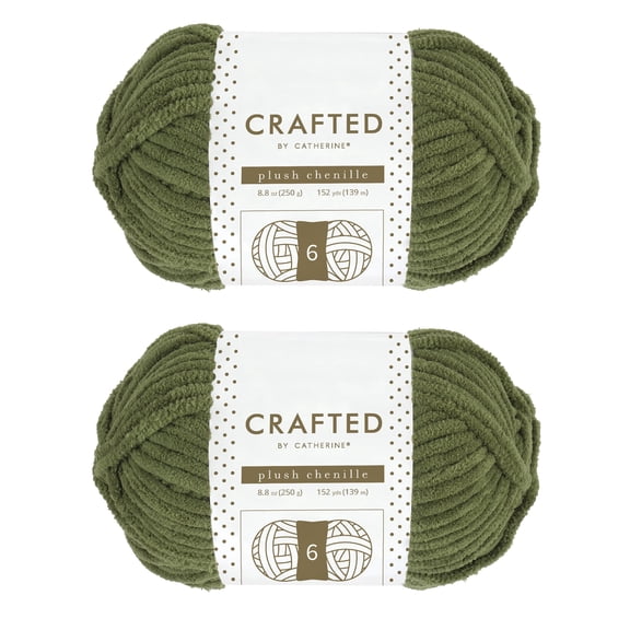 Crafted by Catherine Plush Chenille Yarn for Knitting, Crocheting and Amigurumi - 2 Pack (8.8 oz / 250g, 152 yards each skein), Olive Green, Gauge 6 Super Bulky
