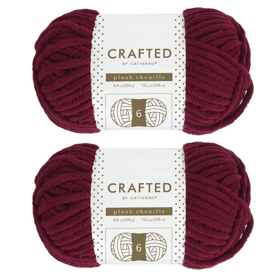 Crafted by Catherine Plush Chenille Yarn for Knitting, Crocheting and Amigurumi - 2 Pack (8.8 oz / 250g, 152 yards each skein), Red, Gauge 6 Super Bulky