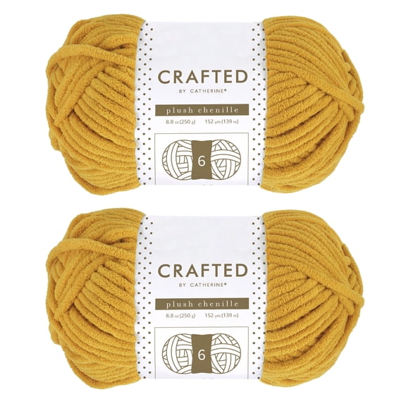 Crafted by Catherine Plush Chenille Yarn for Knitting, Crocheting and Amigurumi - 2 Pack (8.8 oz / 250g, 152 yards each skein), Yellow, Gauge 6 Super Bulky