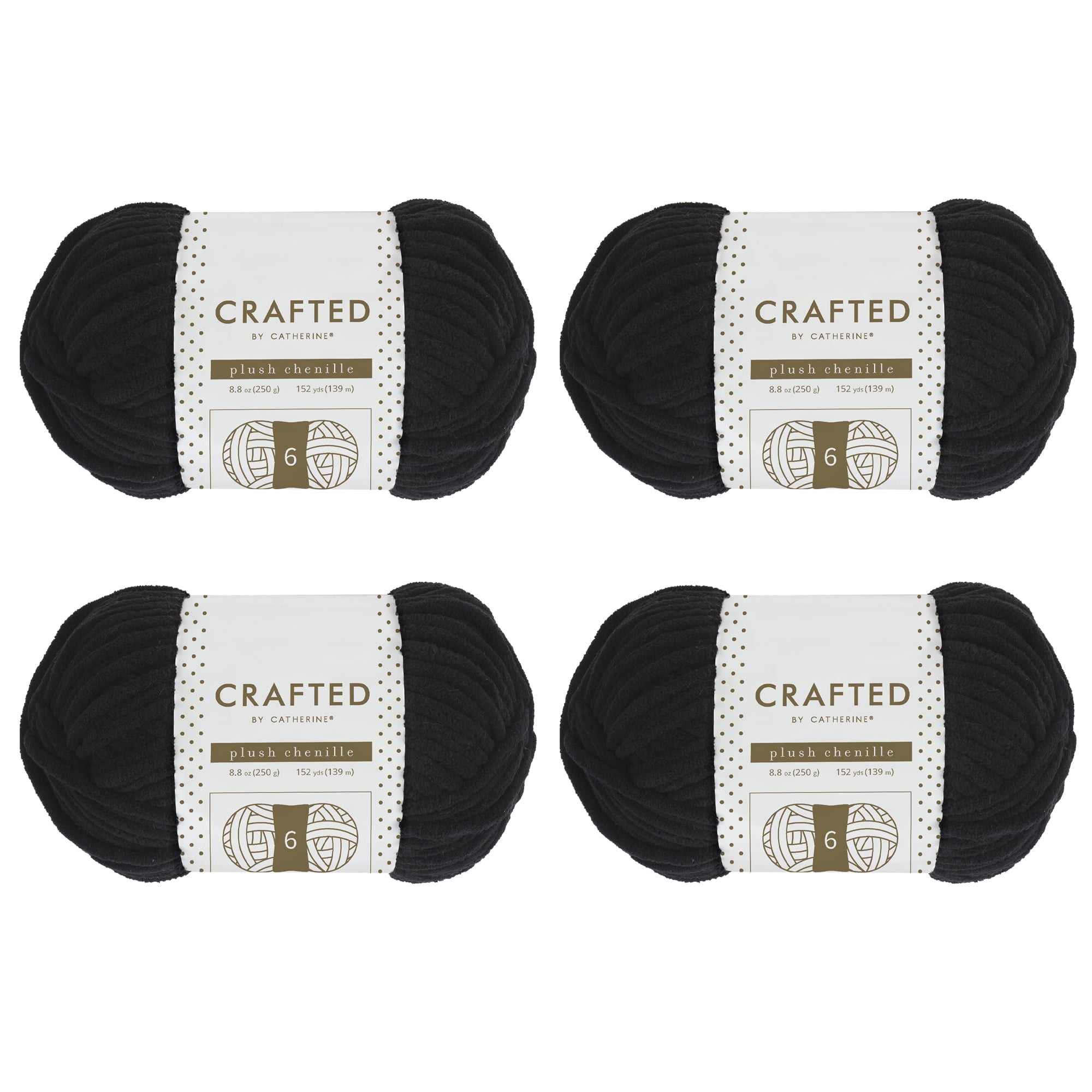 Crafted by Catherine Plush Chenille Yarn for Knitting, Crocheting and Amigurumi - 4 Pack (8.8 oz / 250g, 152 yards each skein), Black, Gauge 6 Super Bulky