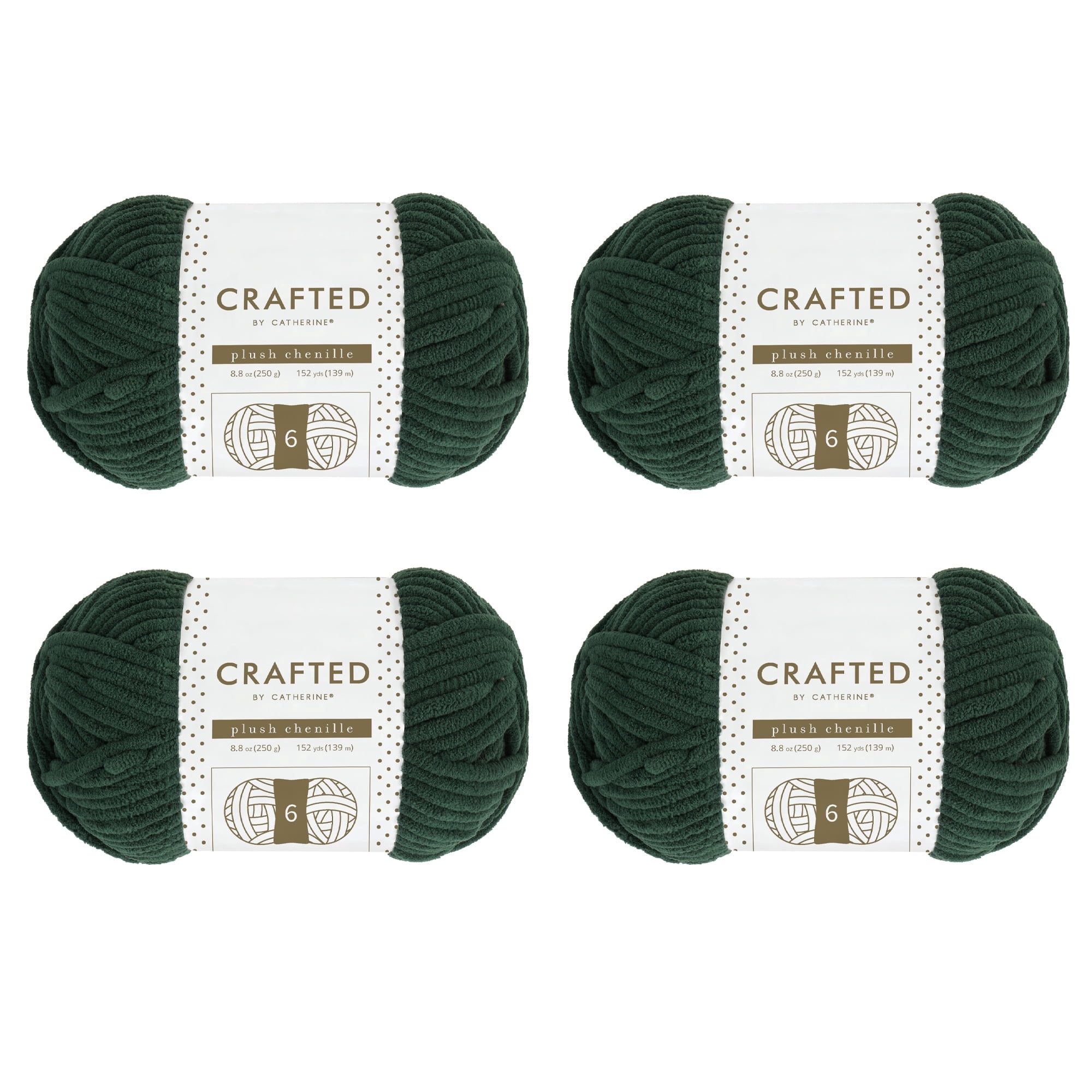 Crafted by Catherine Plush Chenille Yarn for Knitting, Crocheting and Amigurumi - 4 Pack (8.8 oz / 250g, 152 yards each skein), Forest Green, Gauge 6 Super Bulky