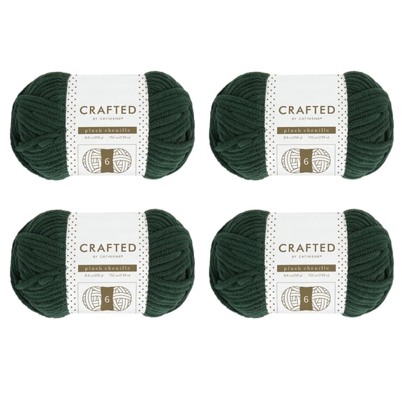Crafted by Catherine Plush Chenille Yarn for Knitting, Crocheting and Amigurumi - 4 Pack (8.8 oz / 250g, 152 yards each skein), Forest Green, Gauge 6 Super Bulky