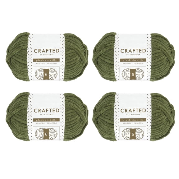 Crafted by Catherine Plush Chenille Yarn for Knitting, Crocheting and Amigurumi - 4 Pack (8.8 oz / 250g, 152 yards each skein), Olive Green, Gauge 6 Super Bulky