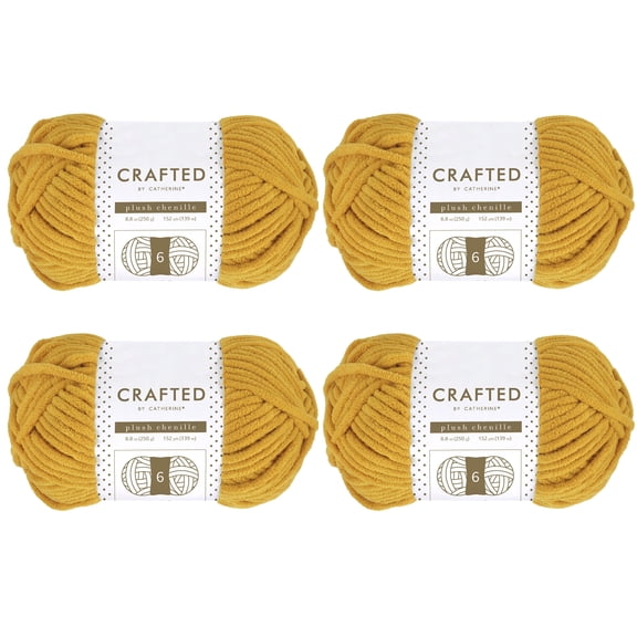 Crafted by Catherine Plush Chenille Yarn for Knitting, Crocheting and Amigurumi - 4 Pack (8.8 oz / 250g, 152 yards each skein), Yellow, Gauge 6 Super Bulky