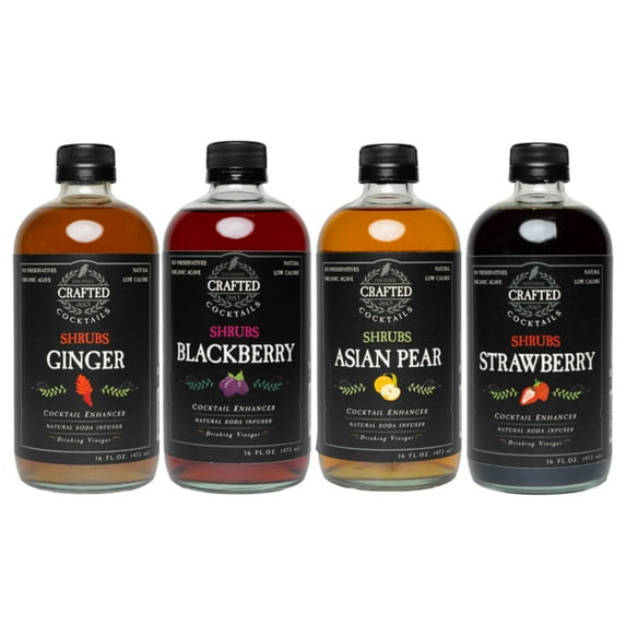 Crafted Cocktails Shrubs Variety Pack, 16 fl oz, 4 Pack | Blackberry, Asian Pear, Strawberry, Ginger | Drinking Vinegar with Agave for Drinks