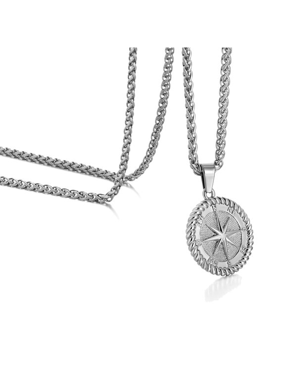 Crafted Compass Coin Necklace with Wheat Chain for Men, Mens Necklace with Compass Pendant Perfect for Travelers and Adventurers, 20 inch