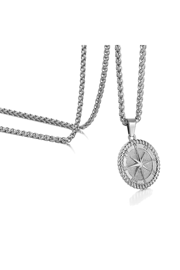 Crafted Compass Coin Necklace with Wheat Chain for Men, Mens Necklace with Compass Pendant Perfect for Travelers and Adventurers, 20 inch