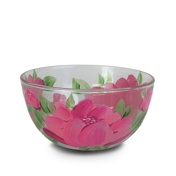 Crafted Creations 6" Pink and Green Peony Floral Hand Painted Glass Serving Bowl
