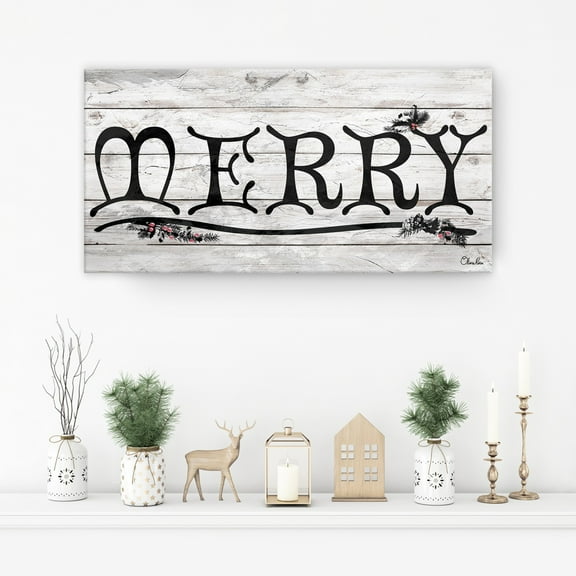 Black and Beige 'Merry' Christmas Canvas Wall Art Decor 8" x 16"