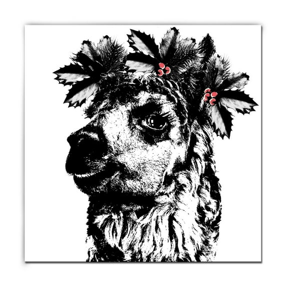 Black and White Alpaca Elf Christmas Wrapped Square Wall Art Decor 20" x 20"