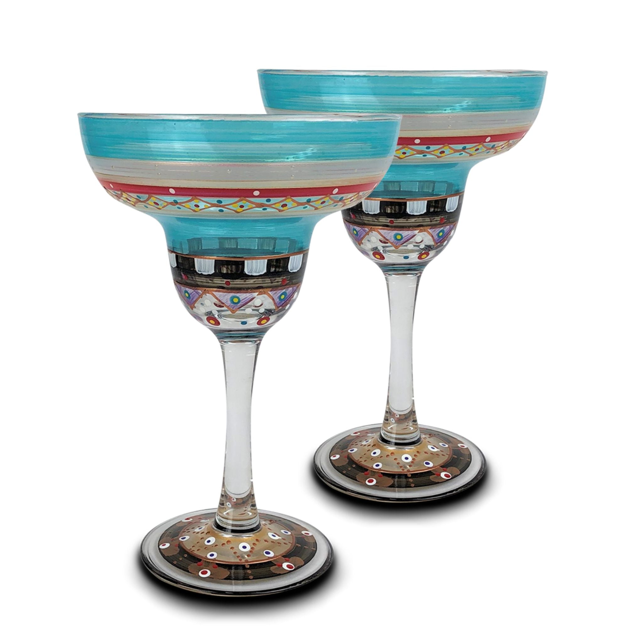 Crafted Creations Set of 2 Blue Mosaic Carnival Confetti Hand Painted  Margarita Drinking Glasses 7 