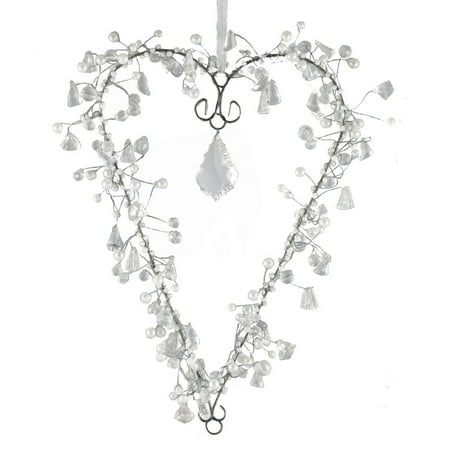 Crafted Creations Set of 2 Clear and White Beaded Heart Hanging Crystal 11"