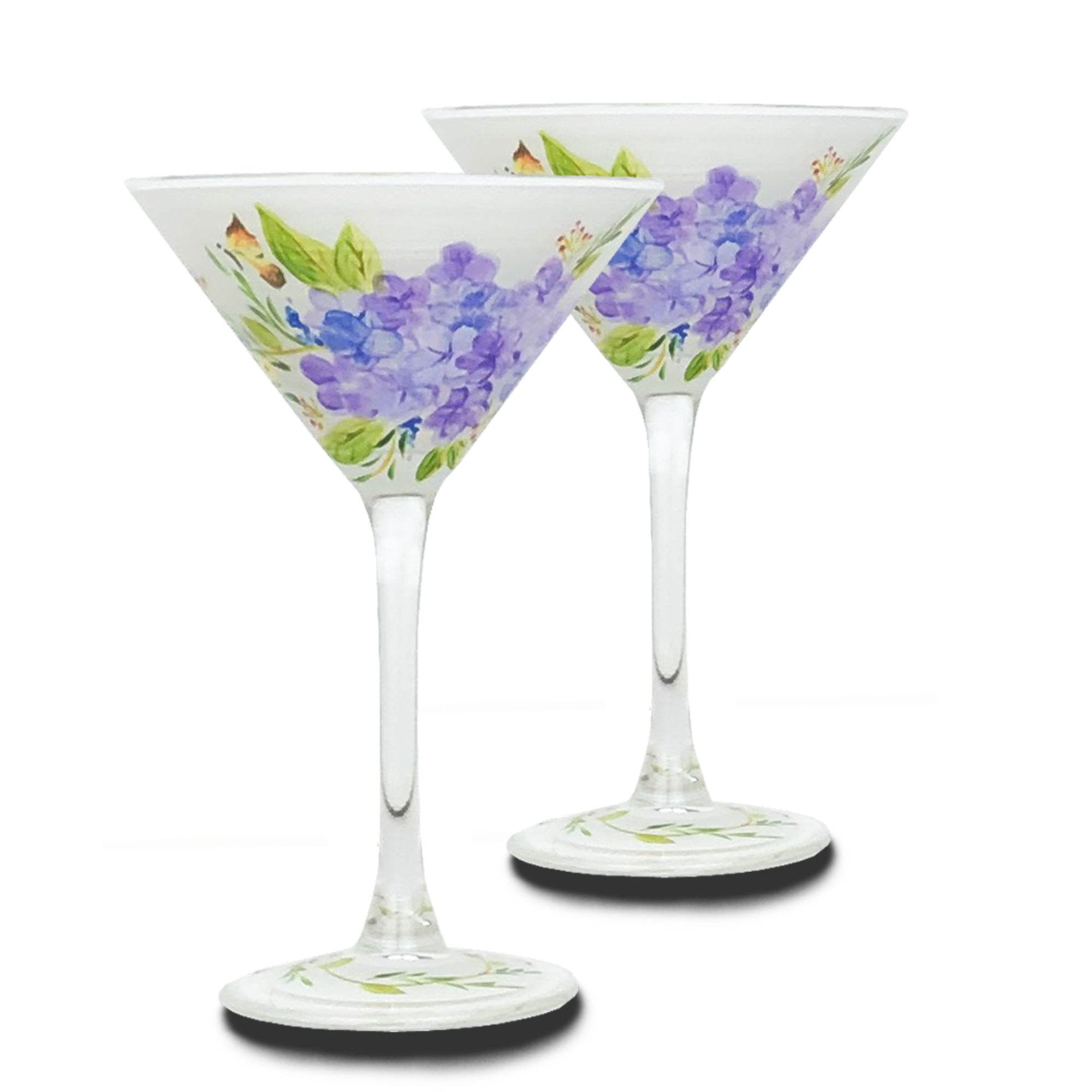 Crafted Creations Set of 2 Green and Blue Floral Hand Painted Margarita  Drinking Glasses 12 oz.