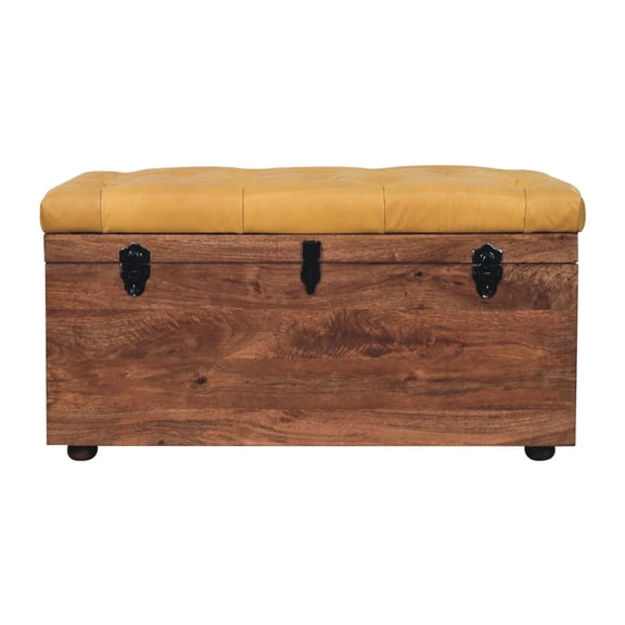 Crafted Solid Wood Storage Trunk With Buffalo Hide Leather In Honey Container Trim And