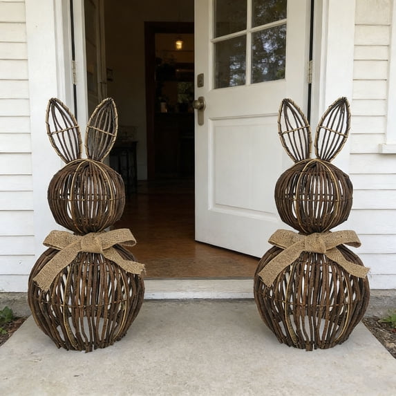Crafted Wicker Easter Bunny Decor, Textured Organic Easter Decorations Statue For Earthy Easter Home Decor Accent