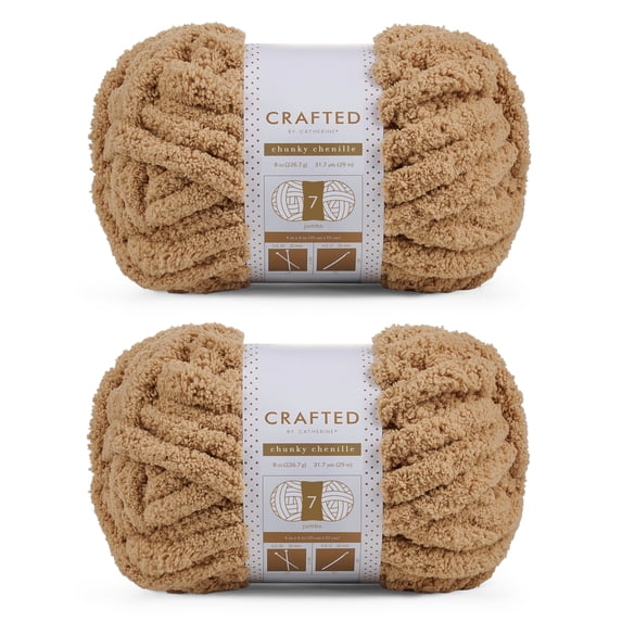 Crafted By Catherine Chunky Chenille Yarn - 2 Pack (8oz / 227g, 31.7 Yards Each Skein), Khaki, Gauge 7 Jumbo